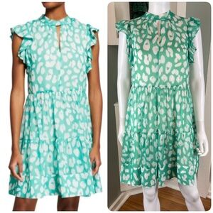 Milly Mona Jungle Leopard Print Tiered Tier Chiffon Mini Dress Small S Green